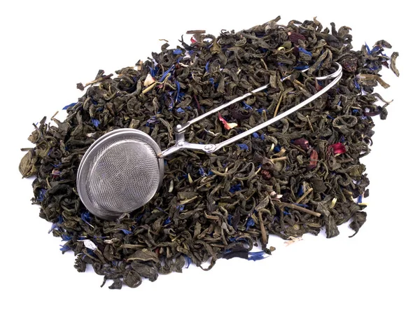 Металевий Чайник Ароматне Зелене Листя Чаю Білому Тлі — стокове фото