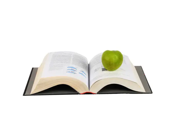 Offenes Buch Und Grüner Apfel Isoliert Über Weißem — Stockfoto