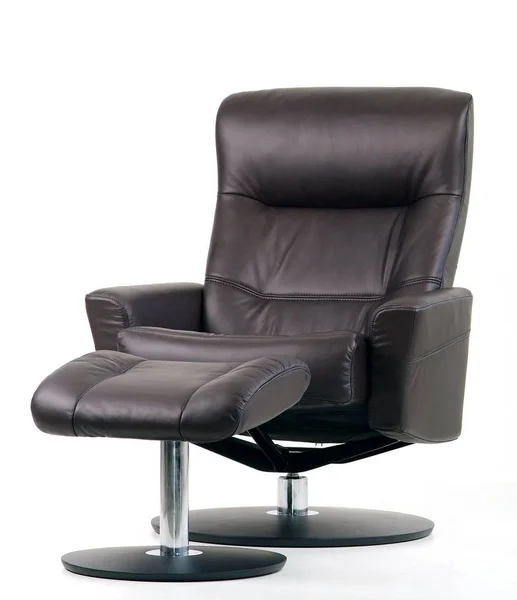 Black Leather Luxury Swiveling Recliner Matching Footstool Isolated White — Stock Photo, Image