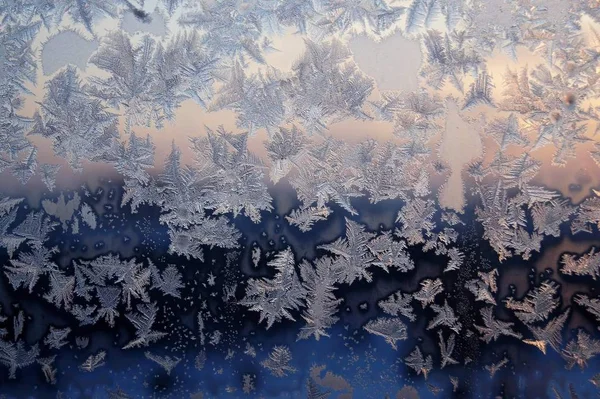 Ismönster Fönster Vinter Solnedgång — Stockfoto