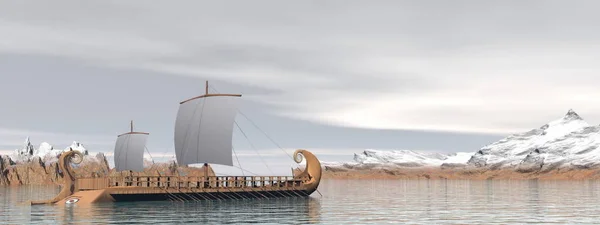 Antiguo Barco Griego Trireme Océano Junto Las Montañas Nevadas Por — Foto de Stock