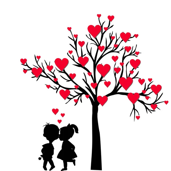 Saludo Tarjeta San Valentín Con Árbol Corazones Niños Besándose — Foto de Stock