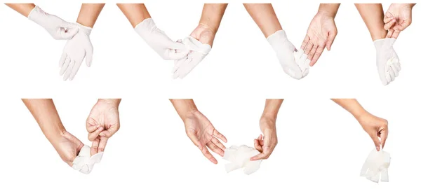 Step Hand Throwing Away White Disposable Gloves Medical Isolated White — Stock Photo, Image