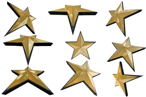 Három Dimenzió Renderelt Arany Csillagok Fekete Határon Elszigetelt Fehér — Stock Fotó