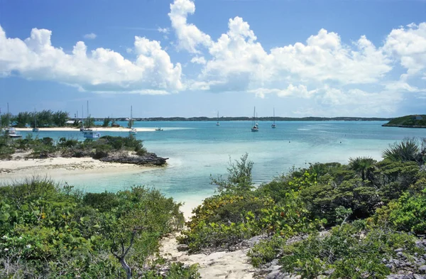 Veleros Flotan Amarrados Puerto Tropical Frente Isla Stocking Las Bahamas — Foto de Stock