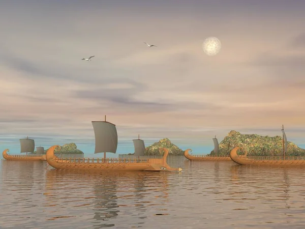 Barcas Griegas Antiguas Del Trireme Océano Lado Rocas Por Tiempo — Foto de Stock