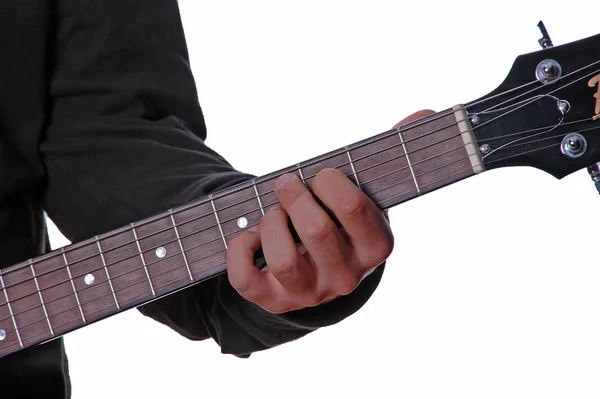 Vista Perto Das Mãos Guitarra Músico — Fotografia de Stock