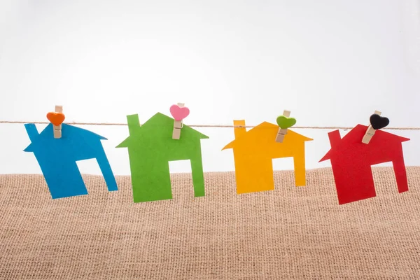 Little Color Paper Houses Attached String Heart Clip — Stock Photo, Image