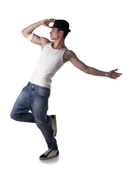 Joven Cadera Una Camiseta Sombrero Haciendo Una Rutina Baile Posando — Foto de Stock