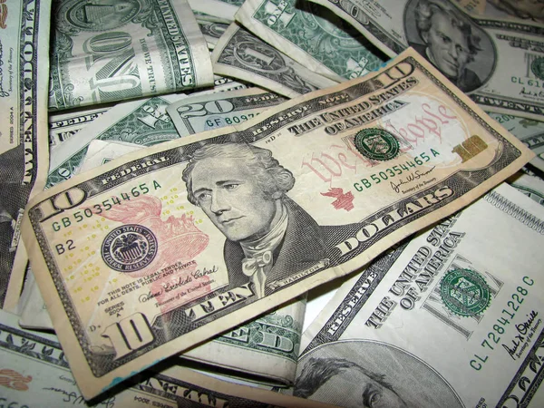 Pile Currency Includng Ten Twenty Five One Dollar Bills — Stock Photo, Image