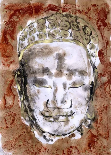 Een Inkt Monoprint Van Het Hoofd Van Boeddha — Stockfoto