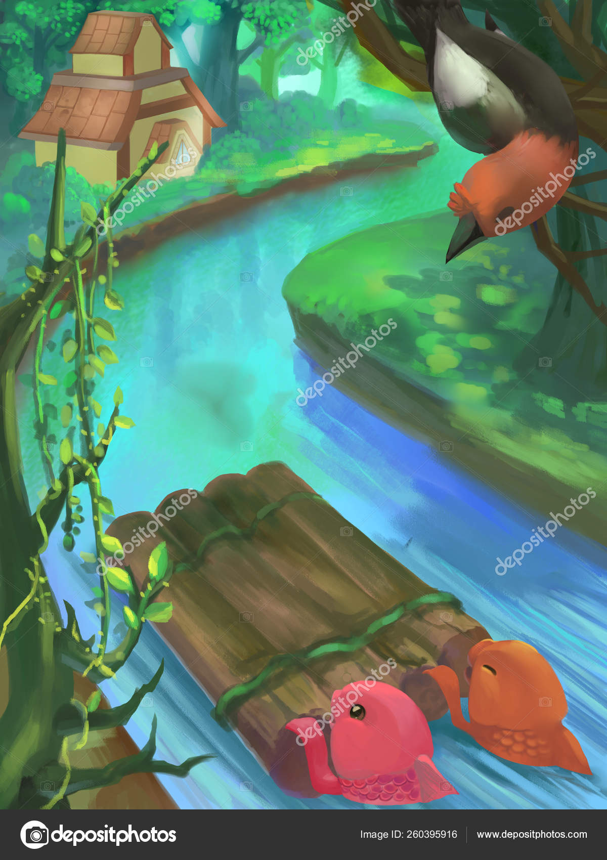 Illustration River Forest Cabin Woods Bird Tree Fantastic Cartoon