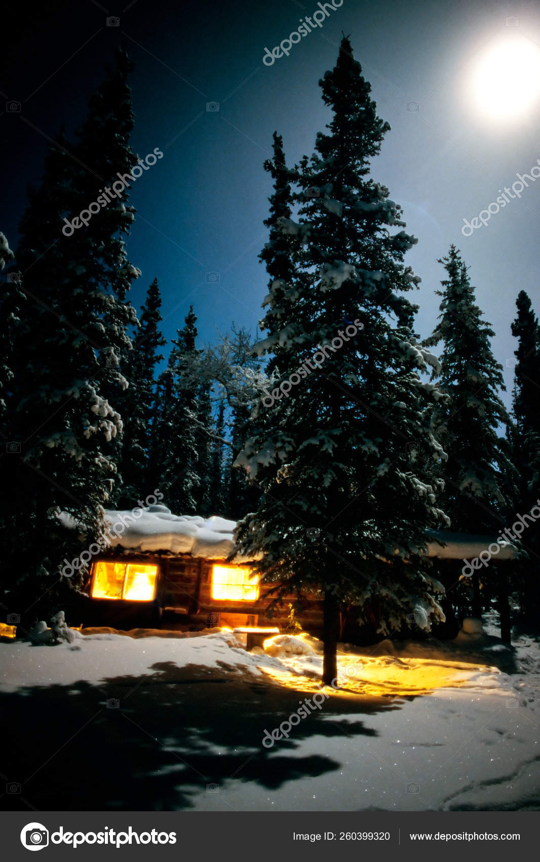 Yukon Alaska Trapline Log Cabin Fully Illuminated Full Moon Night Stock