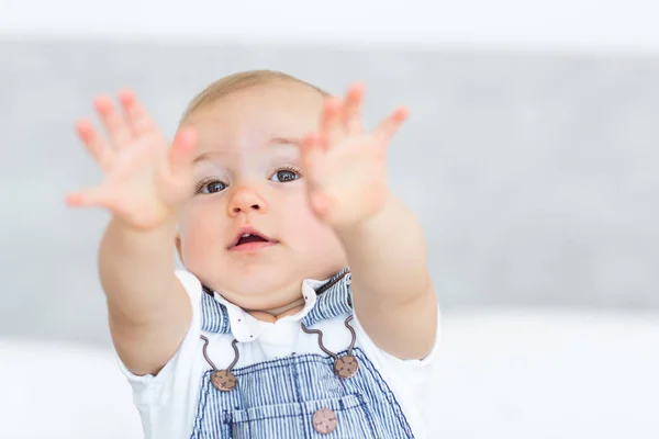 Retrato Primer Plano Lindo Bebé Sosteniendo Sus Manos Sobre Fondo — Foto de Stock