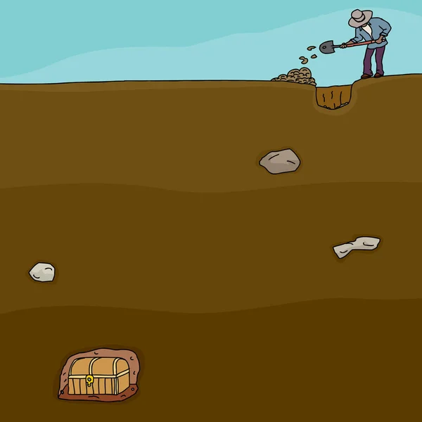 Cartoon Man Digging Buried Treasure Chest — Stock Photo, Image