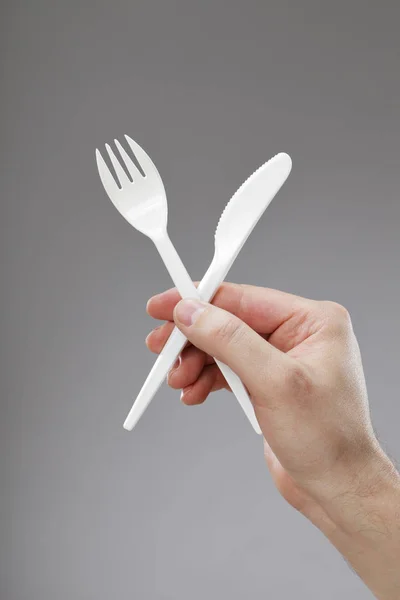 Tenedor Cuchillo Plástico Desechable Blanco Mano — Foto de Stock