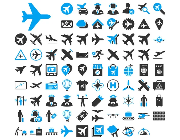 Набір Авіаційних Піктограм Плоскі Біколорні Піктограми Використовують Синій Сірий Кольори — стокове фото