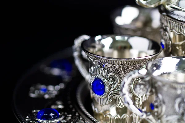 Silver Cup Silver Tea Set Macro Shot Empty Dark Space — Stock Photo, Image