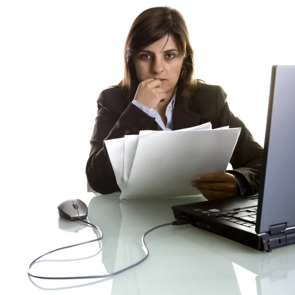 Businesswoman Paper Reports Laptop — Stock Photo, Image