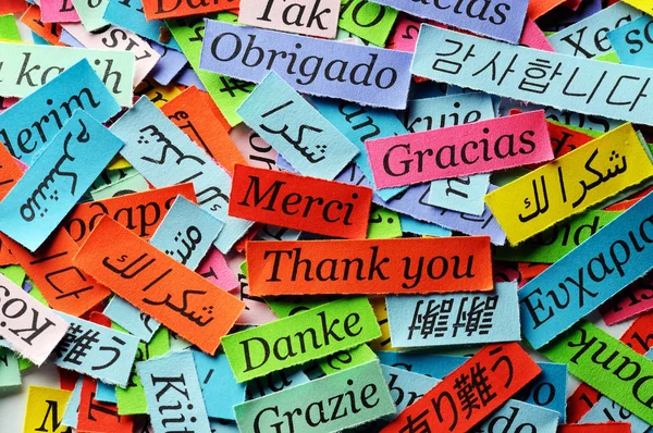 Thank You Word Cloud Напечатан Цветной Бумаге Разных Языках — стоковое фото