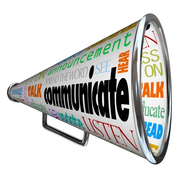 Bullhorn Megaphone Covered Words Describing Forms Communication Talk Listen Hear — Stock Photo, Image