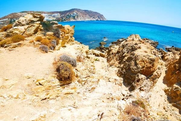 Řecku Mykonos Ostrov Skalní Moře Pláže Obloha — Stock fotografie