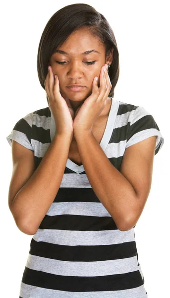Ledsen Tonåring Håller Hennes Ansikte Och Tittar Ner — Stockfoto