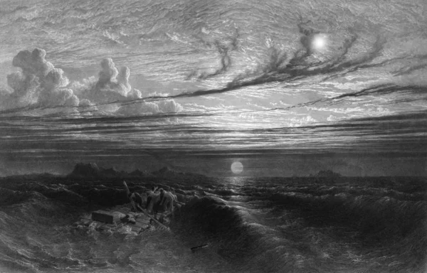 Engraving Shipwrecked Sailors Seamen Makeshift Lift Raft Sea Sunset Storm — Stock Photo, Image
