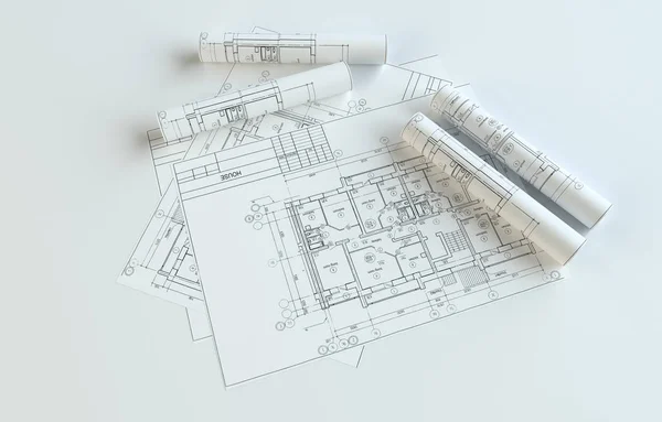 Rolled House Blueprints Gray Background Inglés Ilustración —  Fotos de Stock