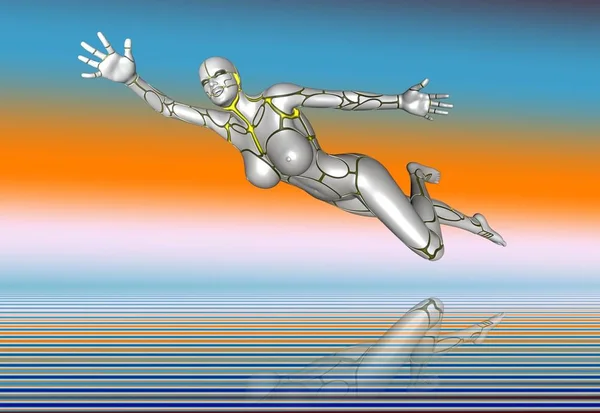 Happy robot woman flying
