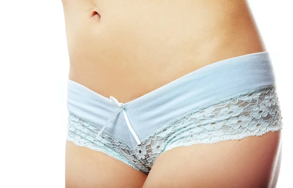 Cintura Mulher Fundo Branco Com Calcinha Azul — Fotografia de Stock