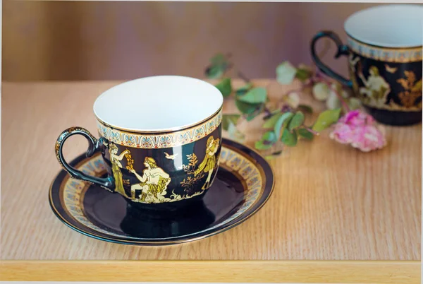 Beautiful Tea Cups Decorated List Gold Image Scenes Antique Life — Stock Photo, Image