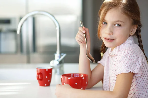 Portrait Child Having Breakfast Kitchen Home — Stock Photo, Image