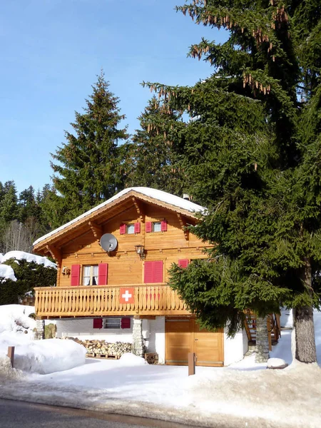 Chalet Soleado Marrón Jura Rodeado Abetos Suiza — Foto de Stock