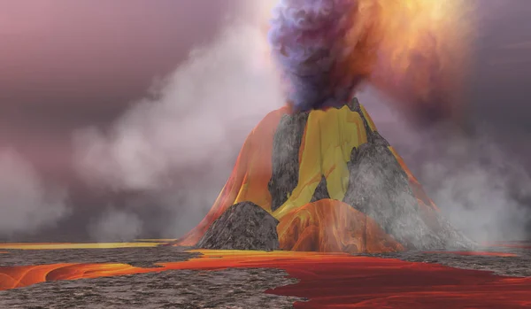 Magma Fondu Coule Volcan Éruption Fumée Monte Dans Ciel — Photo