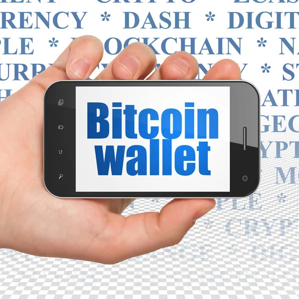 Blockchain Concept Hand Holding Smartphone Met Blauwe Tekst Bitcoin Wallet — Stockfoto