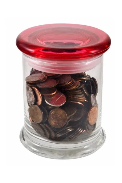 Pennies Pot Met Rode Top Geïsoleerd Wit Knippen Pad — Stockfoto