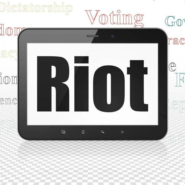 Πολιτική Έννοια Tablet Computer Μαύρο Κείμενο Riot Στην Οθόνη Ετικέτα — Φωτογραφία Αρχείου