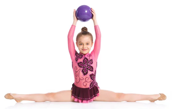 Young Cute Girl Doing Gymnastics Ball White Background — Stock Photo, Image