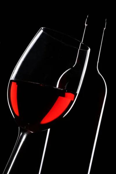 Bouteille Vin Rouge Silhouette Verre Sur Fond Noir — Photo