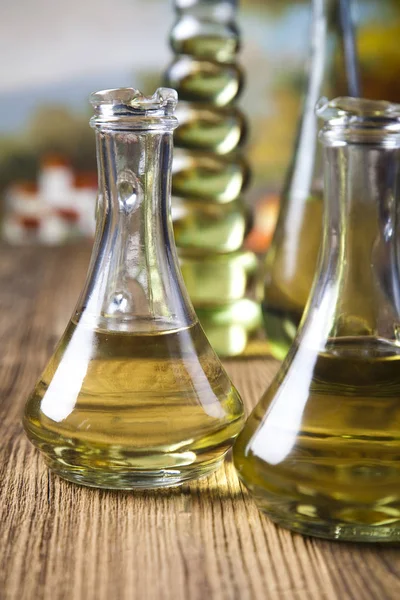 Olivenöl Flaschen Mediterranes Ländliches Thema — Stockfoto
