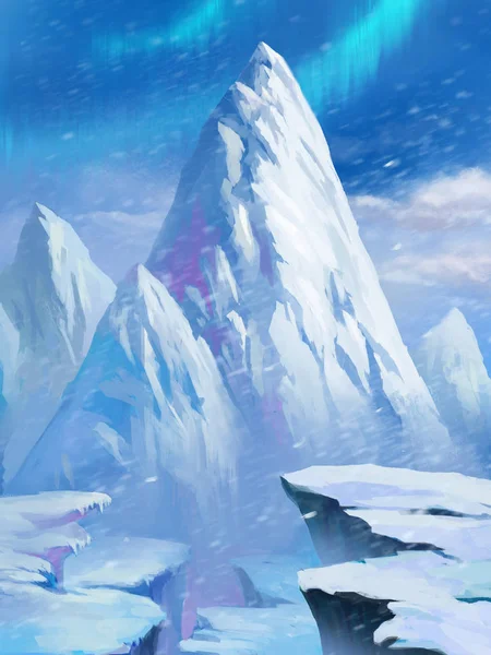 北极的冰山 和奥罗拉一起正在下雪 梦幻般的卡通风格场景壁纸背景设计 — 图库照片