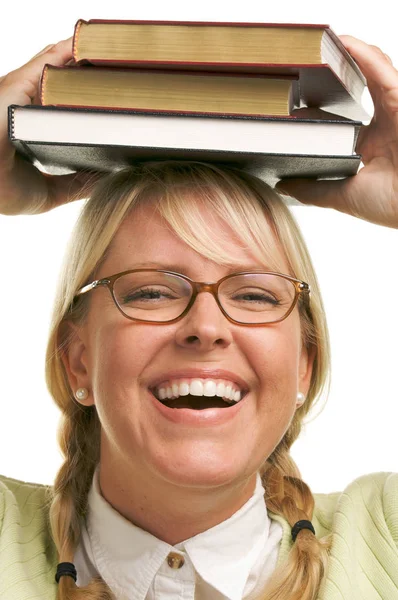 Mulher Atraente Com Seus Livros Isolados Fundo Branco — Fotografia de Stock