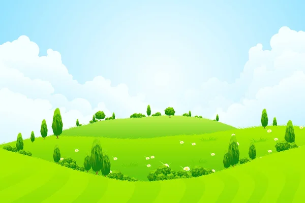 Green Background Grass Clouds Trees Flowers Hills — Stock Photo, Image