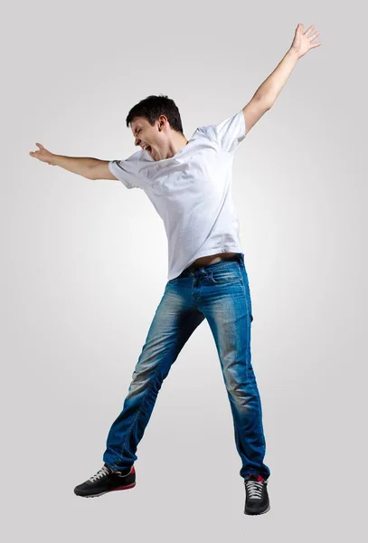 Moderno Delgado Estilo Hip Hop Hombre Saltando Bailando Sobre Fondo — Foto de Stock