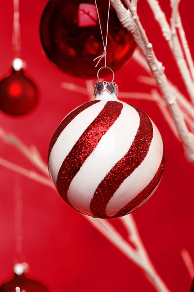 Bolas Navidad Colgando Árbol Blanco Ramas Primer Plano Con Dof —  Fotos de Stock