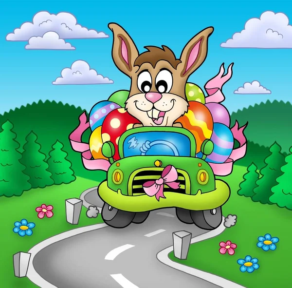 Easter Bunny Jazdy Samochodem Road Color Ilustracji — Zdjęcie stockowe
