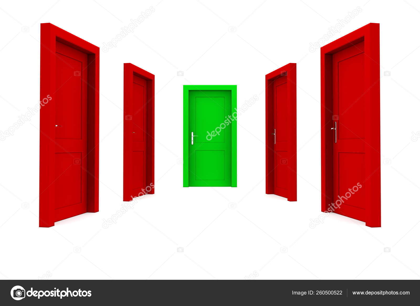 Abstract Hallway Four Red Doors One Green Door End Corridor