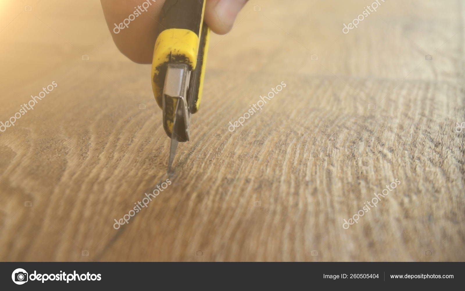 Worker Cuts Linoleum Utility Knife Fitting Linoleum Floor Stock