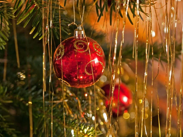 Christmas Decoration Beautiful Red Golden Balls Festive Tree — Stock Photo, Image